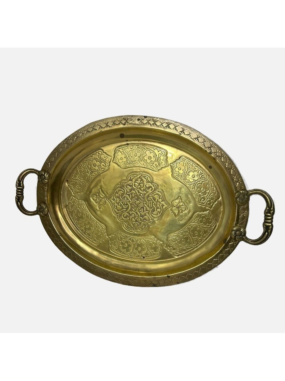 Vintage Brass Platter Centerpiece Made In Turkey Boho Floral Oval Handles